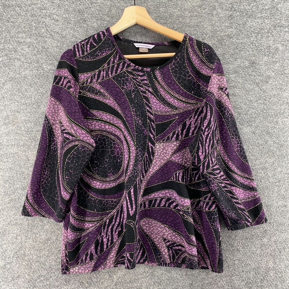 Allison Daley Blouse Women L Large Purple Geometric Long Sleeve Crew Neck Casual